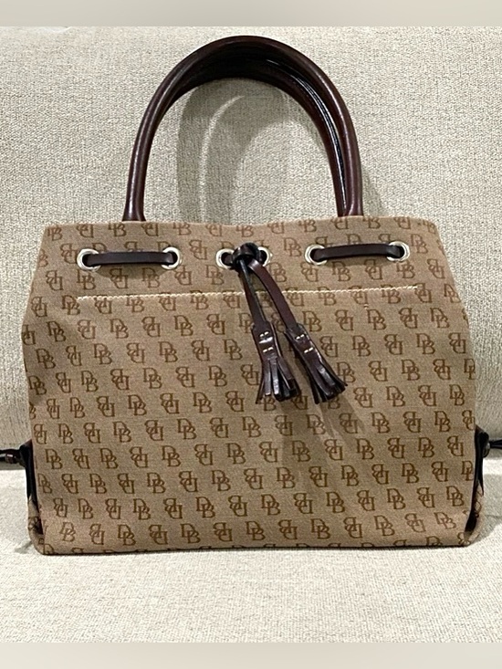 Dooney & Bourke Handbags - DOONEY &  BOURKE USED 2x Monogram Brown Canvas Mini Tassel Tote  11x8x4
